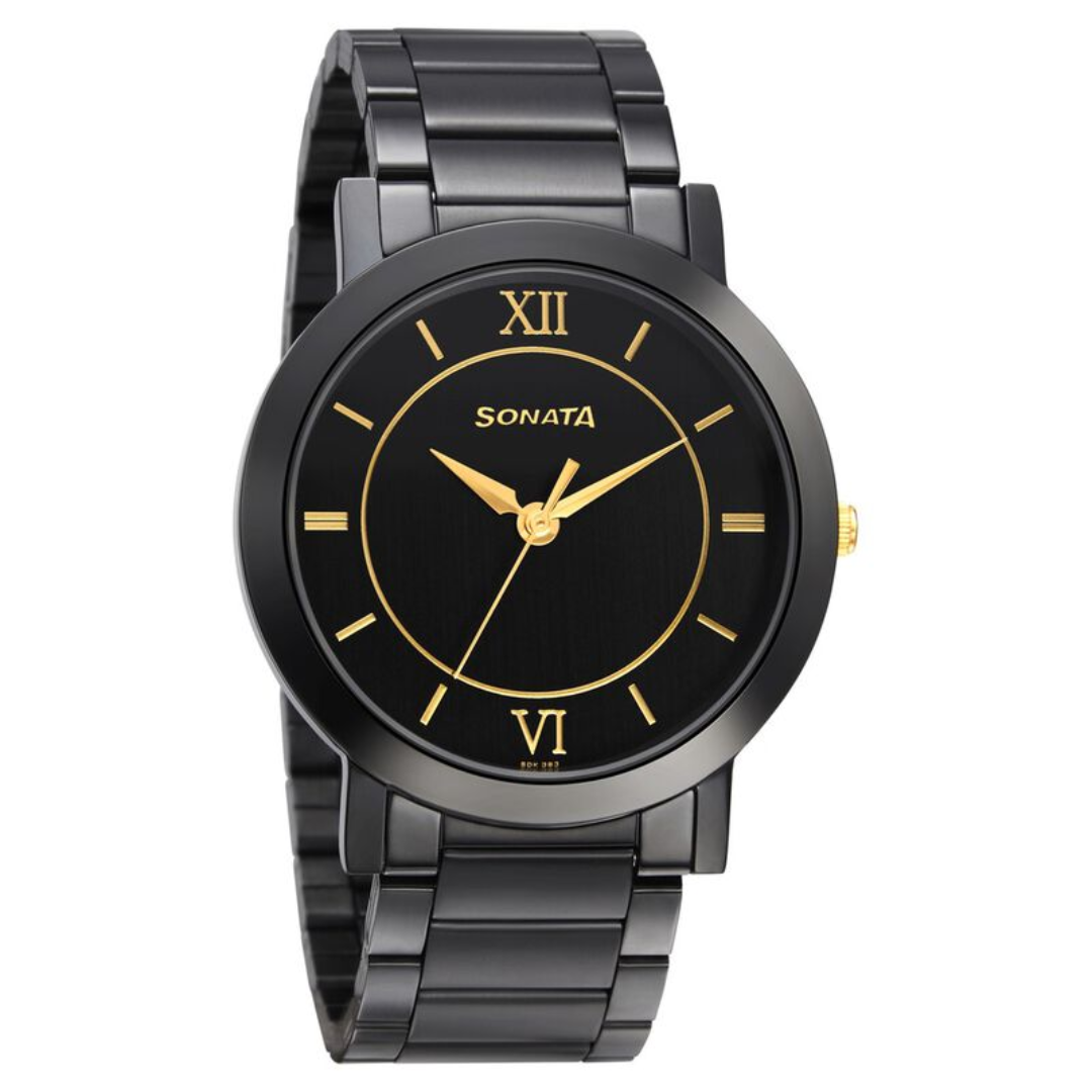 Beyond Gold Black Dial Metal Strap Watch NR77108KM01W