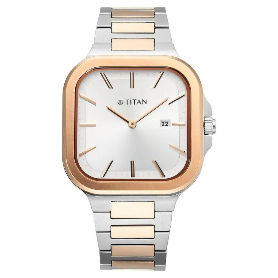 Titan Classique Slim Square Quartz Analog with Date Silver Dial Stainless Steel Strap Watch for Men 90176KM01