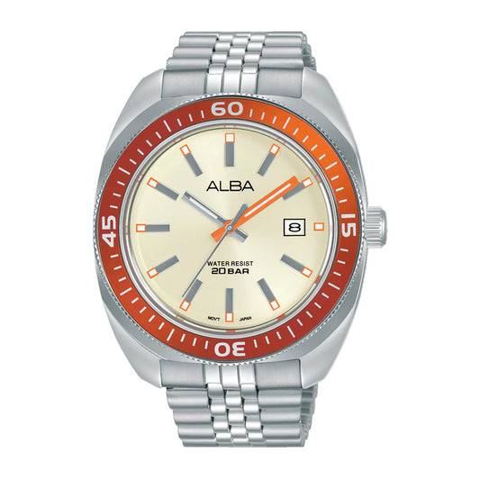 Alba Cream Dial Quartz Watch with Bright Orange Bezel AS9T89X1