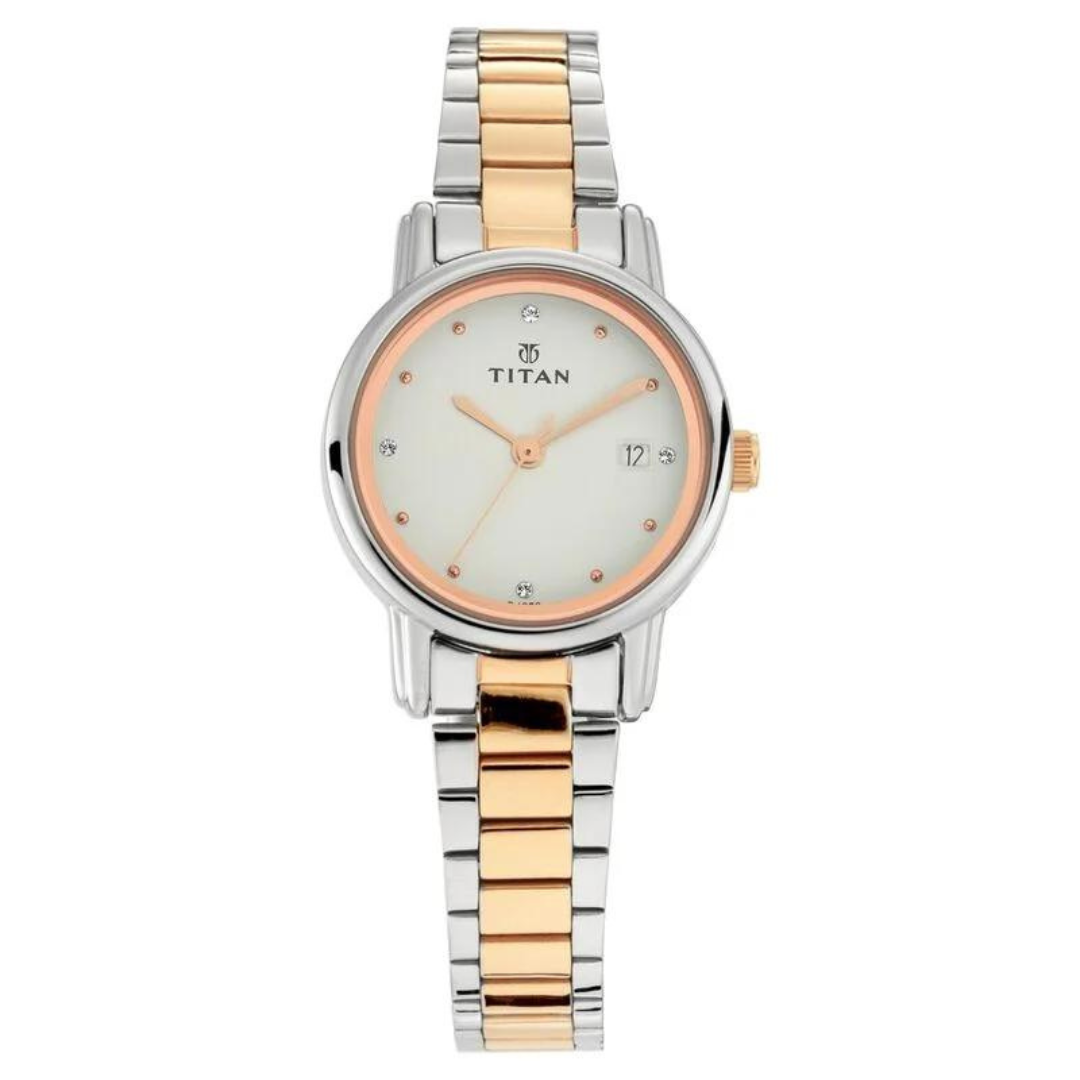 Titan Quartz Analog with Date White Dial Stainless Steel Strap Watch for Women 2572KM01