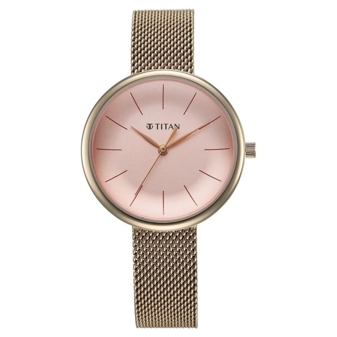 Titan Slimline Quartz Analog Pink Dial Rose Gold Stainless Steel Strap Watch for Women 95182WM01 / NS95182WM01