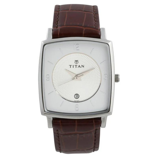 Titan Quartz Analog with Date Silver Dial Leather Strap Watch for Men 9159SL01