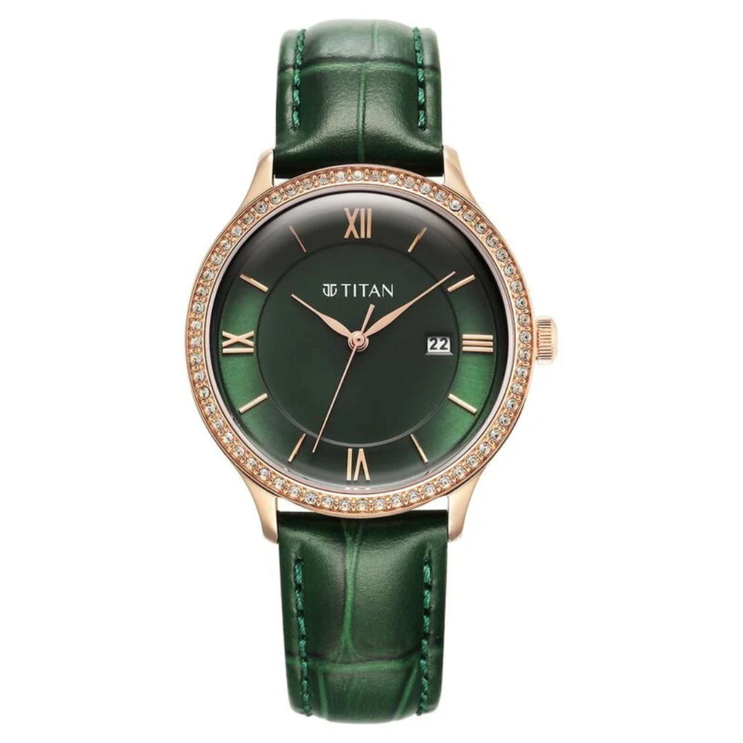 Titan Bright Leathers Green Dial Analog with Date Leather Strap Watch for Women 95247WL02 / NS95247WL02