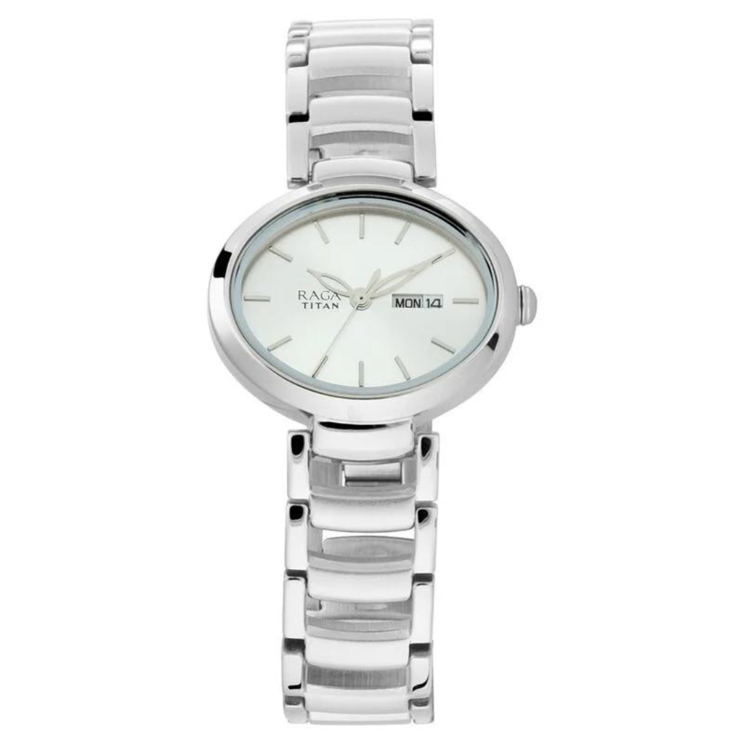 Titan Raga Viva Silver Dial Analog with Day and Date Metal Strap Watch for Women 2620SM01