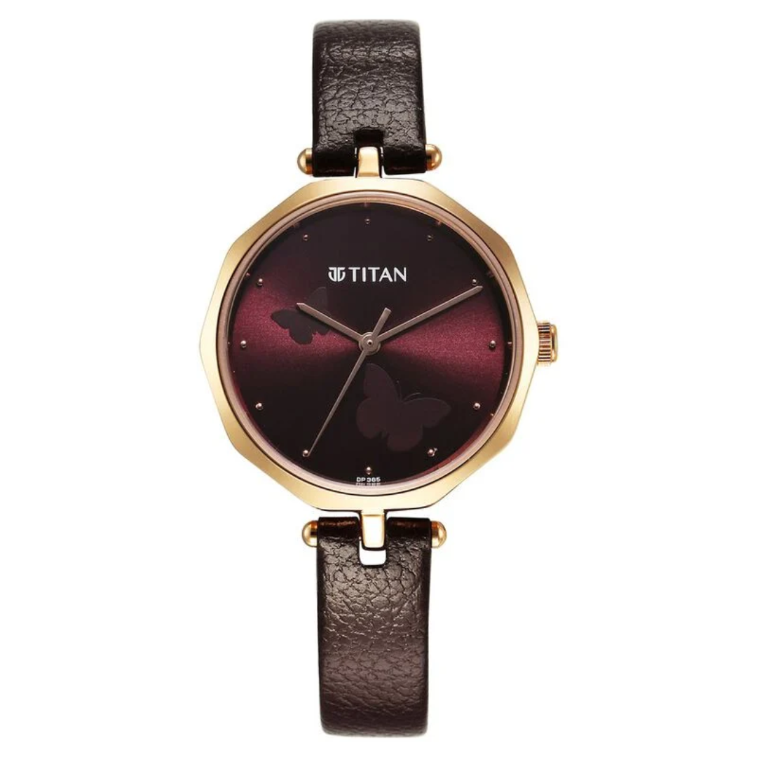 Titan Karishma Quartz Analog Maroon Dial Leather Strap Watch for Women 2702WL01