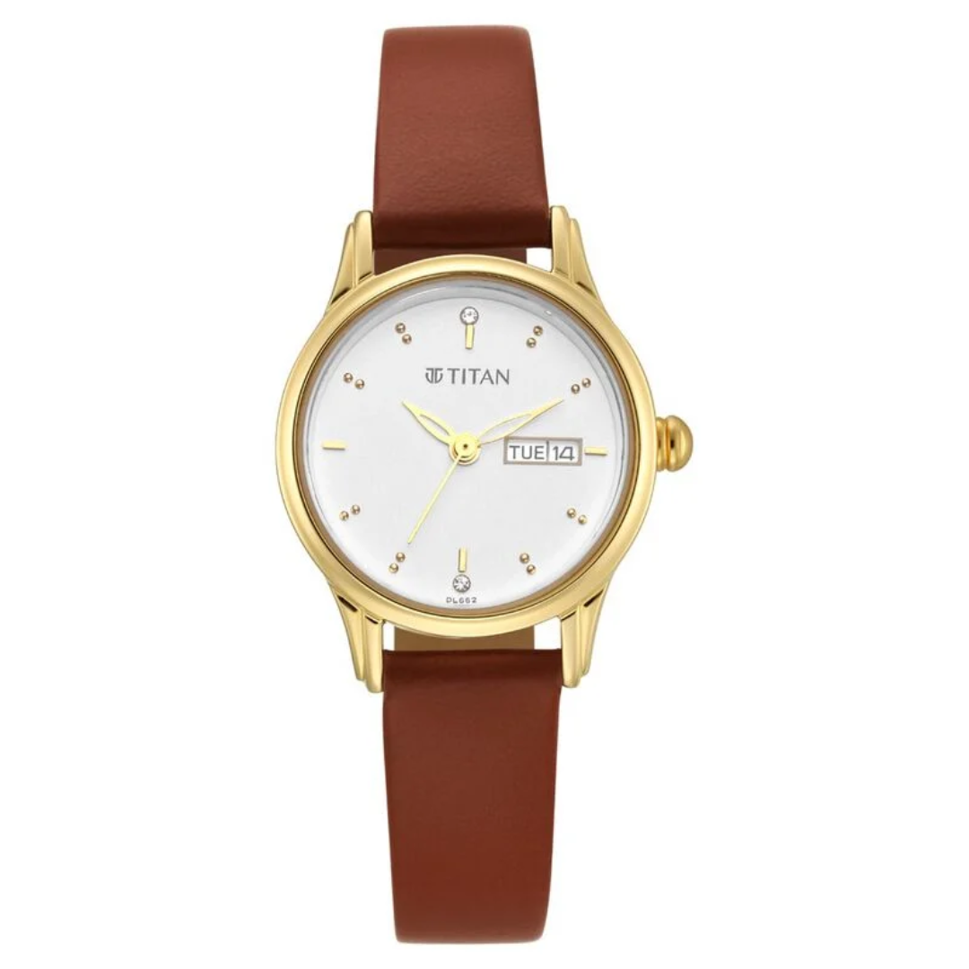 Titan Lagan White Dial Analog with Day and Date Leather Strap Watch for Women 2656YL01