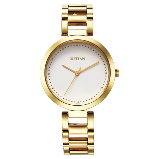 Titan Workwear Quartz Analog White Dial Golden Stainless Steel Strap Watch for Women 2480YM03 / NS2480YM03