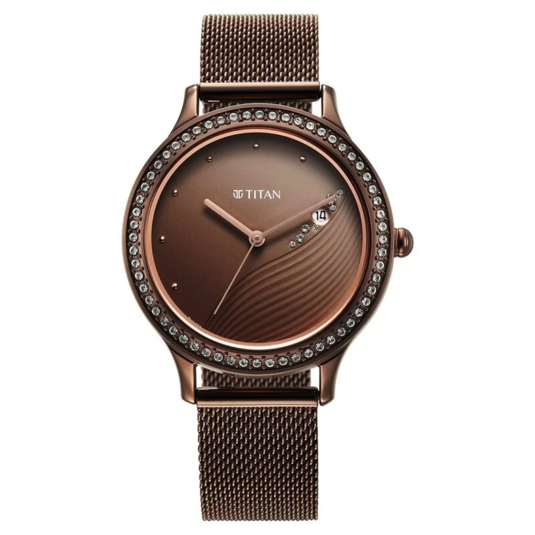 Titan Purple Glam It Up Brown Dial Analog with Date Stainless Steel Strap Watch for Women 2634QM01