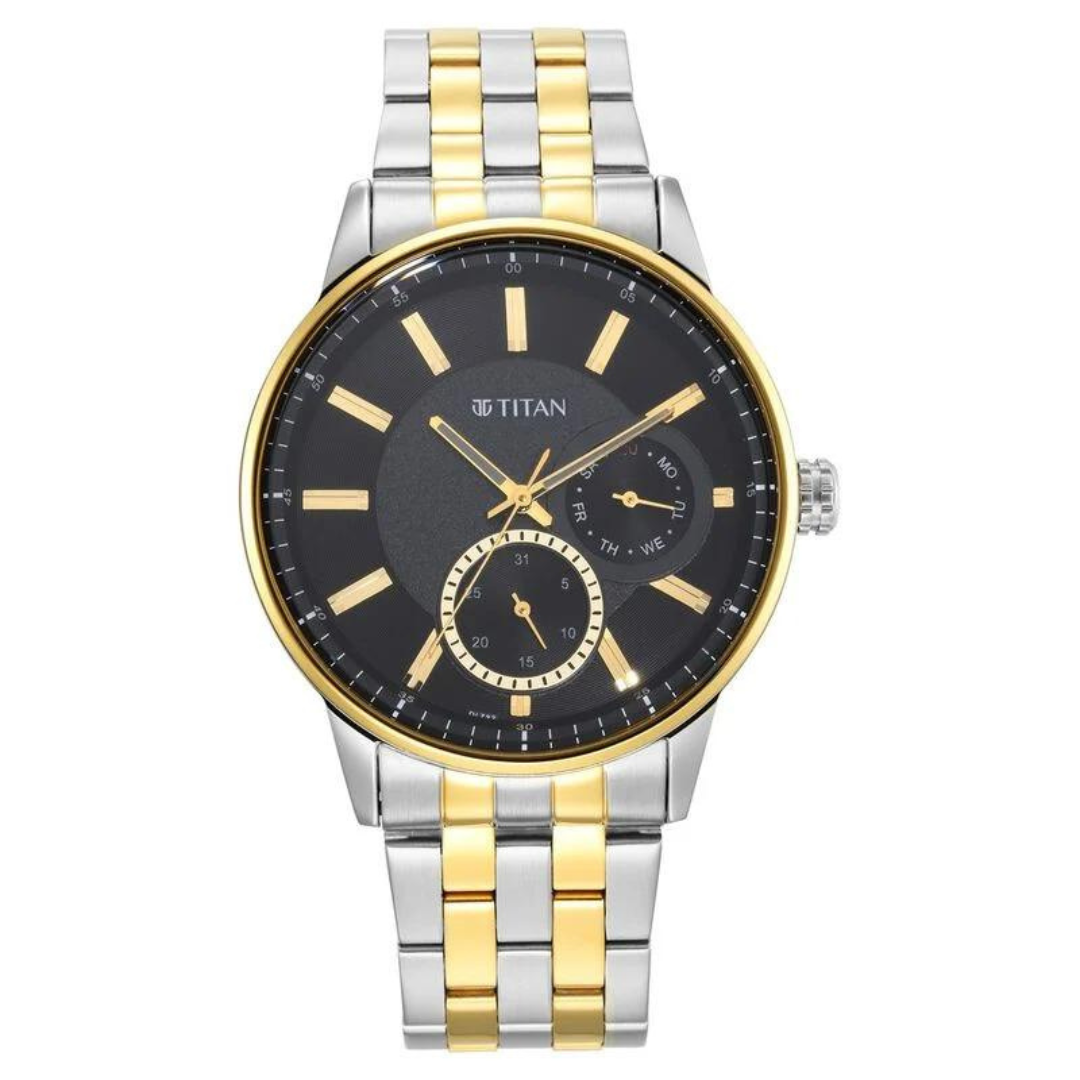 Titan Regalia Opulent Black Dial Quartz Multifunction Stainless Steel Strap Watch for Men 9441BM02