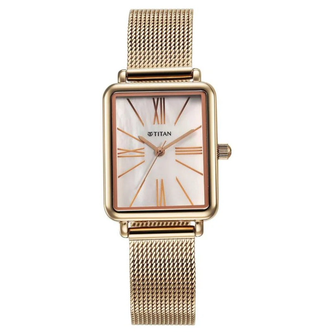 Titan Slimline Quartz Analog Mother Of Pearl Dial Rose Gold Stainless Steel Strap Watch for Women 95181WM01 / NS95181WM01