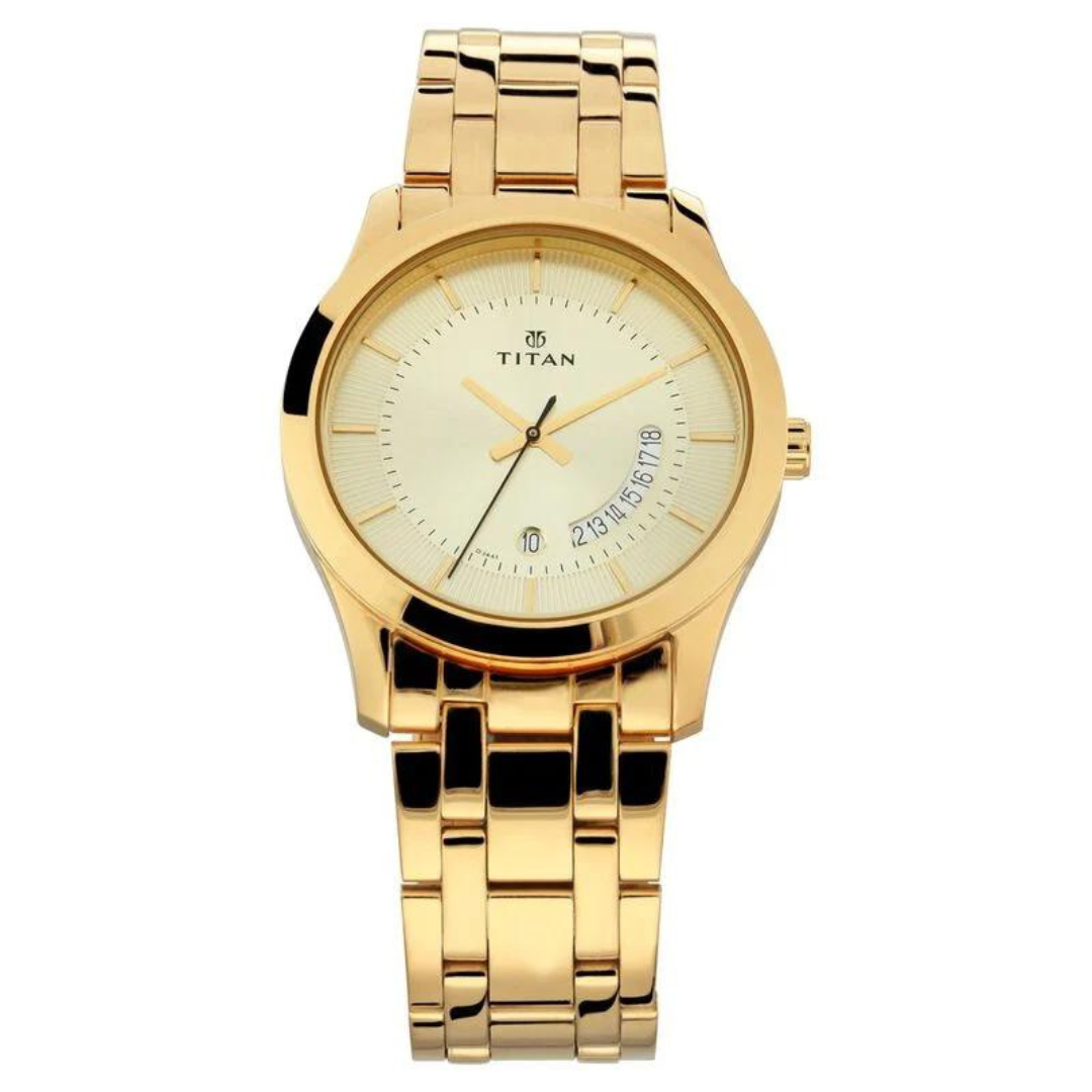 Titan Quartz Analog with Date Champagne Dial Stainless Steel Strap Watch for Men 1823YM01