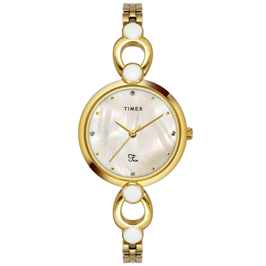 Timex Fria Women Off White Dial Round Analog Brass Dial Watch TWEL18101