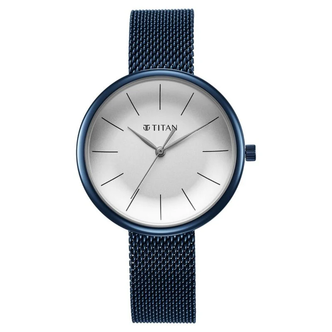 Titan Slimline Quartz Analog White Dial Blue Stainless Steel Strap Watch for Women 95182QM01  / NS95182QM01