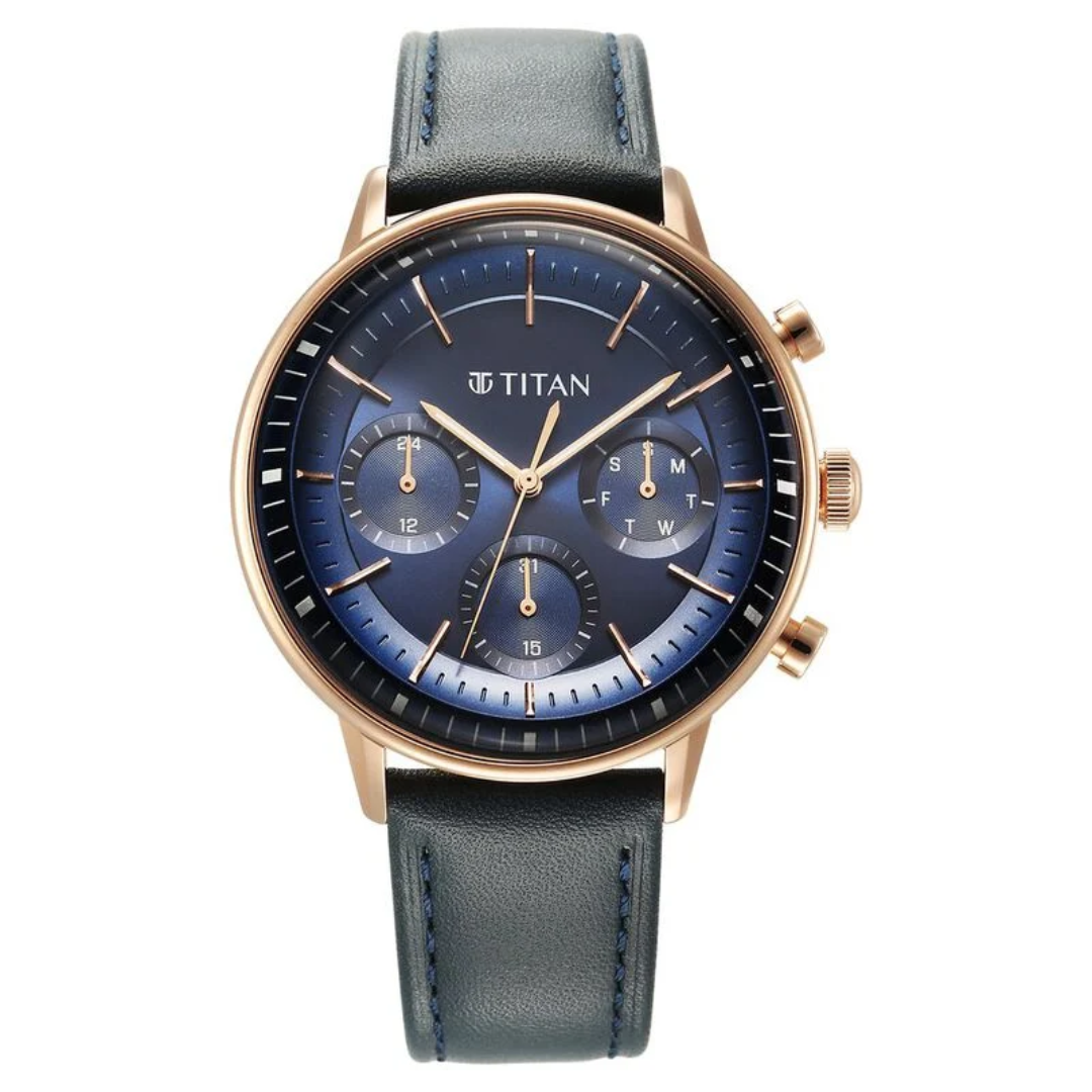 Titan Light Leathers Quartz Multifunction Blue Dial Stainless Steel Strap Watch for Men 90171WL01