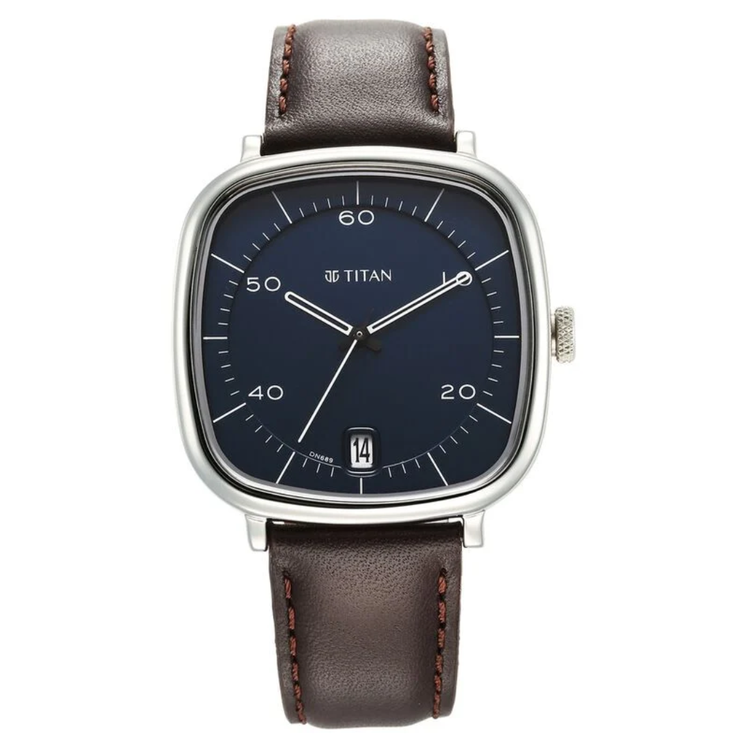 Titan Neo Curve Quartz Analog with Date With Date Blue Dial Brown Leather Strap Watch for Men 1885SL03 (DN689)