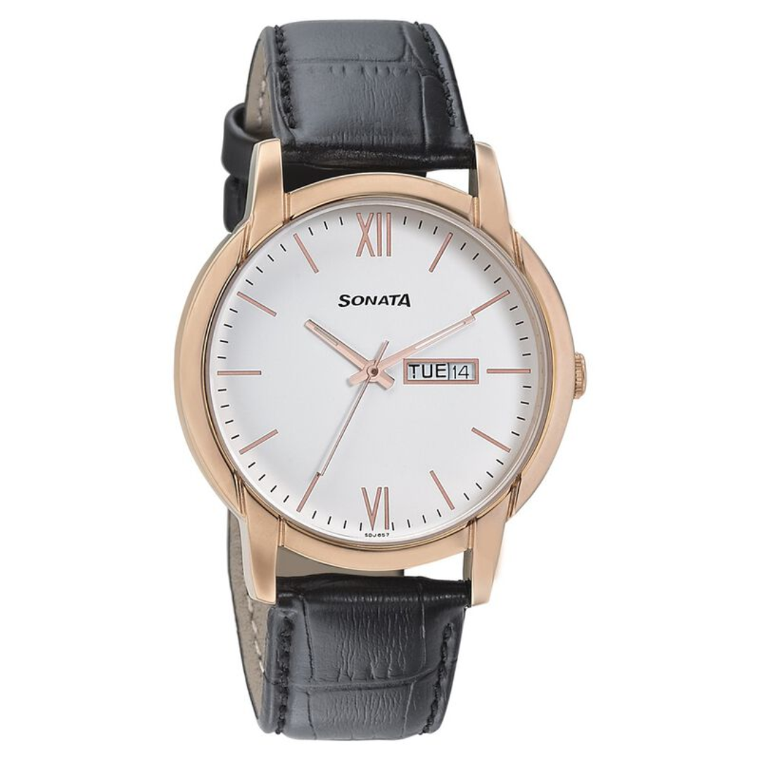 Beyond Gold White Dial Leather Strap Watch NN77031WL04