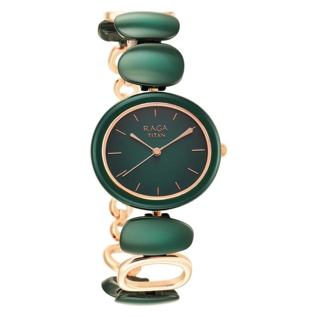 Titan Raga Ceramics Green Dial Analog Metal Strap Watch for Women 95146KD02