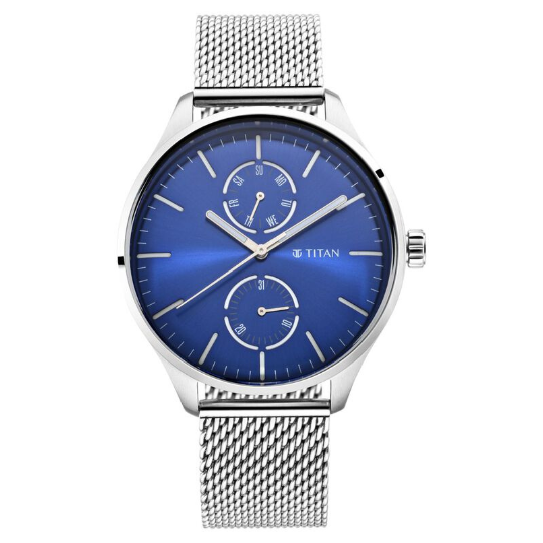Titan Evoke Blue Dial Analog with Day and Date Stainless Steel Strap Watch for Men 1833SM01