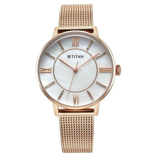 Titan TGIF Quartz Analog Mother Of Pearl Dial Rose Gold Stainless Steel Strap Watch for Women  NS95248WM02