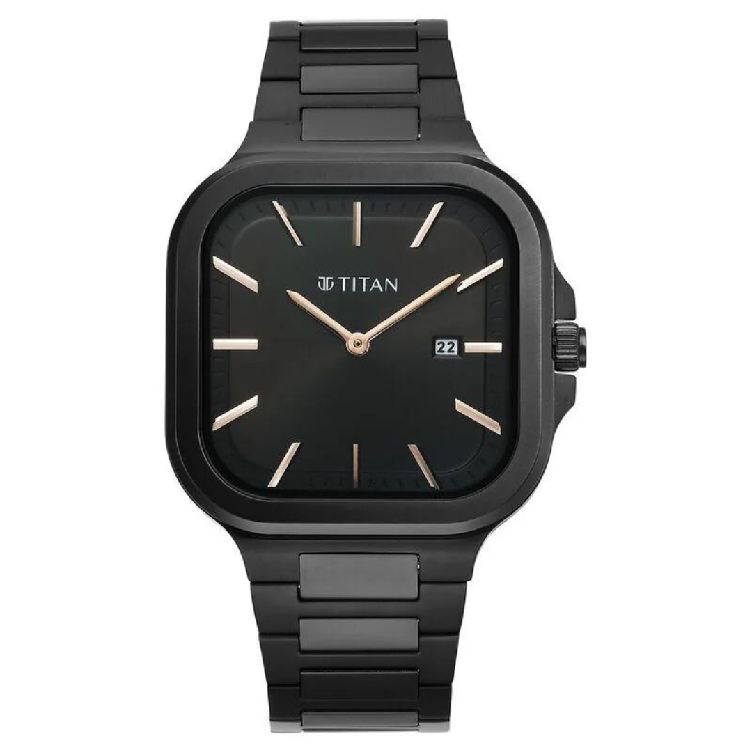 Titan Classique Slim Square Quartz Analog with Date Black Dial Stainless Steel Strap Watch for Men 90176NM01