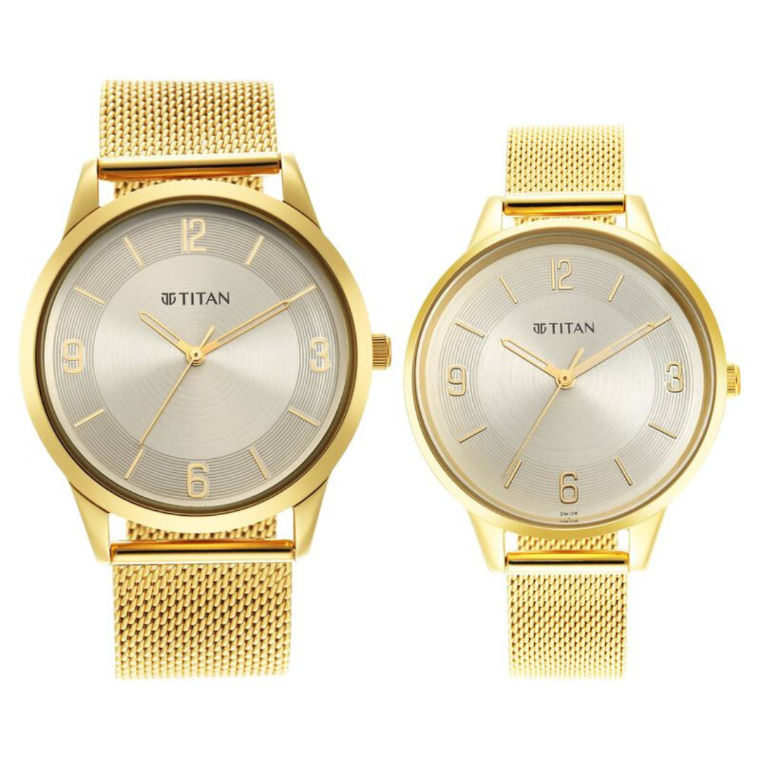 Titan Bandhan Champagne Dial Analog Stainless Steel Strap watch for Couple 18062648YM01 / NS18062648YM01P