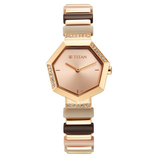 Titan Glitz Rose Gold Dial Analog Metal and Plastic Strap watch for Women 95207WD01