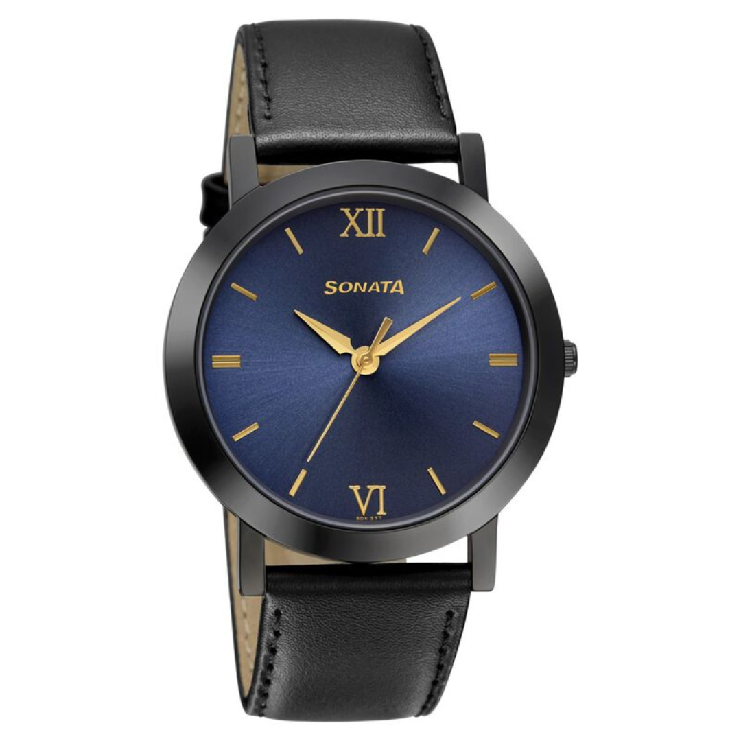 Beyond Gold Blue Dial Leather Strap Watch NP77108NL01W