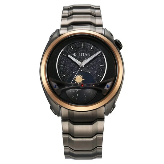 Titan Stellar Quartz Multifunction Black Dial Stainless Steel Strap Watch for Men 10010KM01 / NS10010KM01