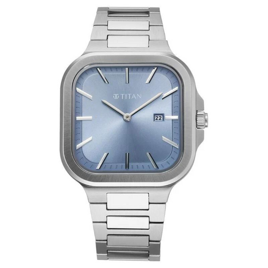 Titan Classique Slim Square Quartz Analog with Date Blue Dial Stainless Steel Strap Watch for Men 90176SM01 (DP928)