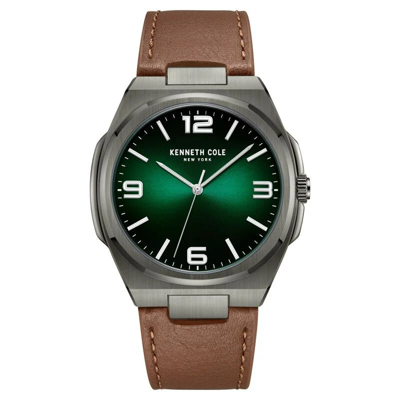 Kenneth Cole Quartz Analog Green Dial Brown Leather Strap Watch for Men KCWGA0015202MN