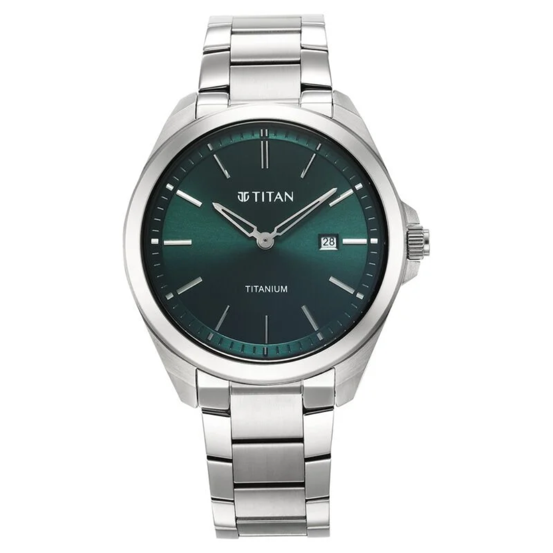 Titan Titanium Quartz Analog Green Dial Stainless Steel Strap Watch for Men 90177TM02