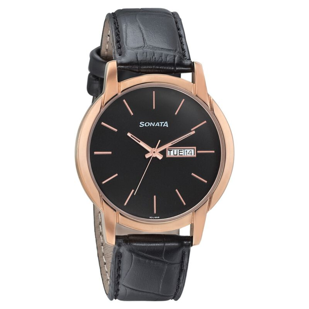 Beyond Gold Black Dial Leather Strap Watch 77031WL05 (SDJ658)