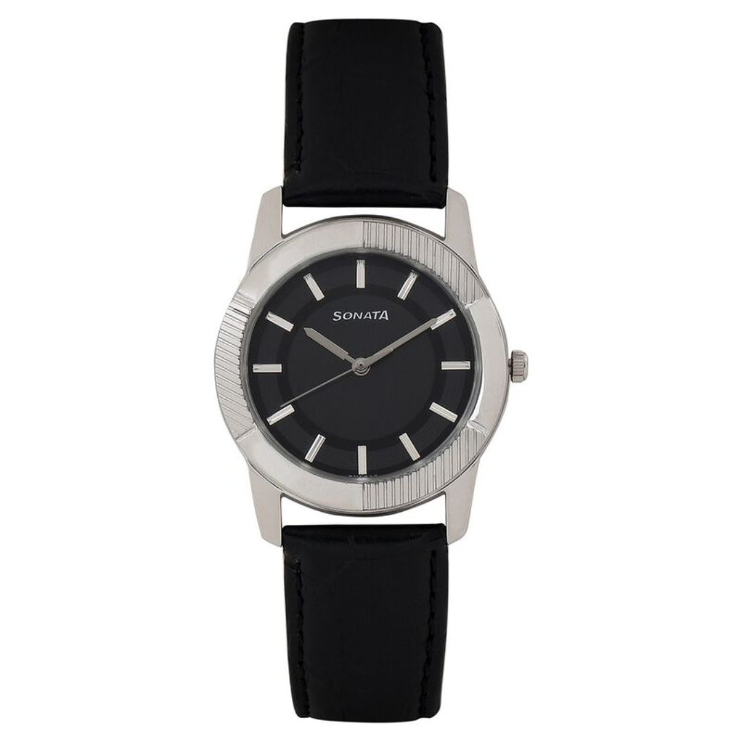 Black Dial Black Leather Strap Watch 7100SL01 (SDF873)