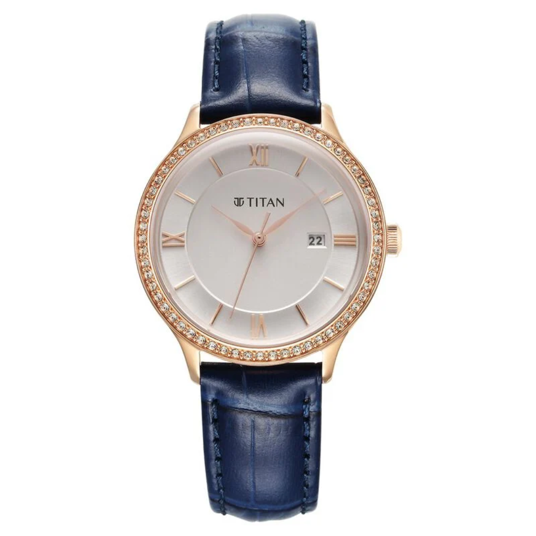 Titan Bright Leathers Quartz Analog with Date Silver Dial Leather Strap for Women 95247WL06 / NS95247WL06