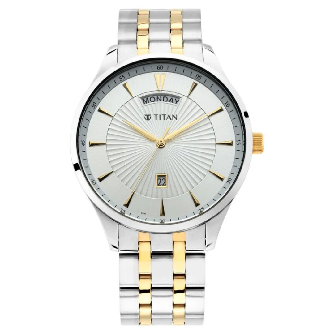 Titan Regalia Opulent White Dial Analog with Day and Date Stainless Steel Strap Watch for Men 90127BM01 / NS90127BM01