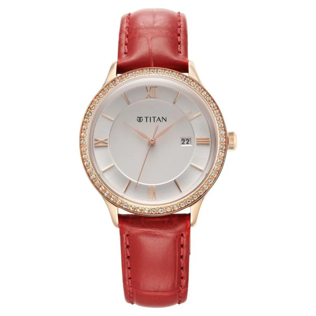 Titan Bright Leathers Silver Dial Analog with Date Red Leather Strap Watch for Women 95247WL01 / NS95247WL01