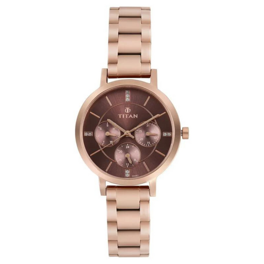 Titan Quartz Multifunction Rose Gold Dial Stainless Steel Strap Watch for Women 95087WM02