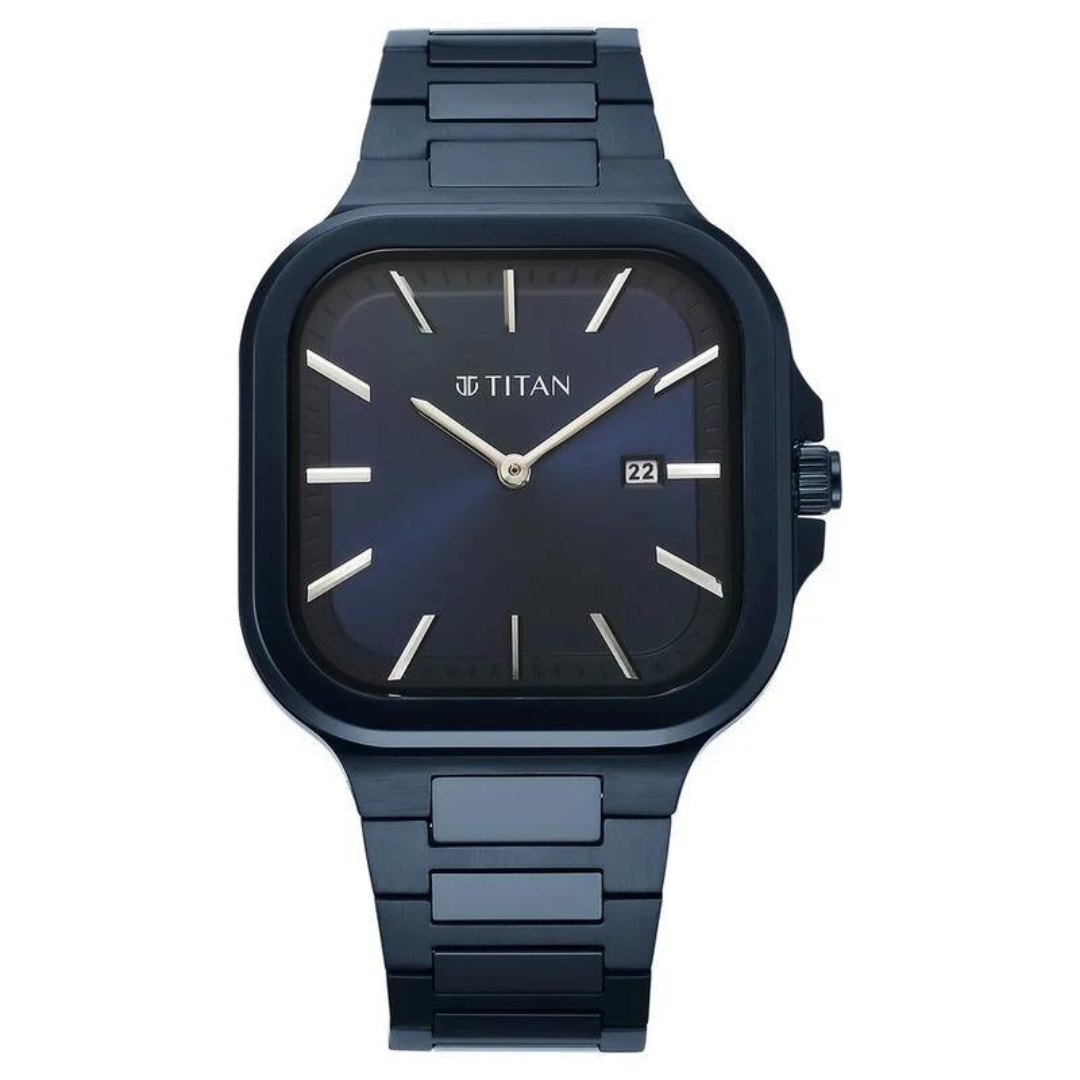 Titan Classique Slim Square Quartz Analog with Date Blue Dial Stainless Steel Strap Watch for Men 90176QM01