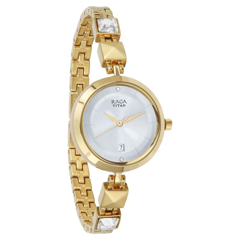 Titan Raga Viva Silver Dial Analog with Date Golden Metal Strap watch for Women NR2606YM01 / NS2606YM01