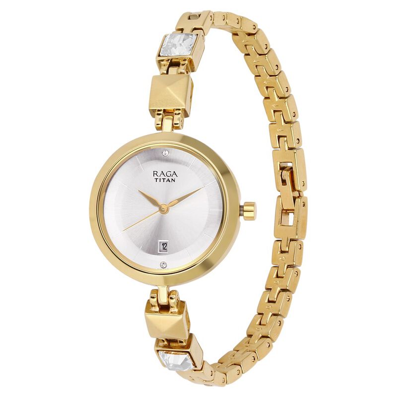 Titan Raga Viva Silver Dial Analog with Date Golden Metal Strap watch for Women NR2606YM01 / NS2606YM01