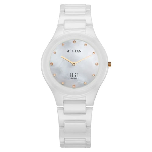 Titan Edge Ceramic Quartz in Arctic White with Diamonds and Rich Mother Of Pearl Dial Watch for Women 2653KC03