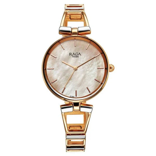 Titan Raga Ascend Quartz Analog Mother Of Pearl Dial With Two Toned Color Metal Strap Watch For Women 2747km01