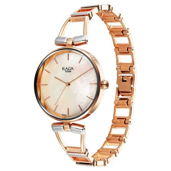 Titan Raga Ascend Quartz Analog Mother Of Pearl Dial With Two Toned Color Metal Strap Watch For Women 2747km01