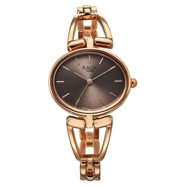 Titan Raga Ascend Quartz Analog Brown Dial With Rose Gold Color Metal Strap Watch For Women 2748wm01