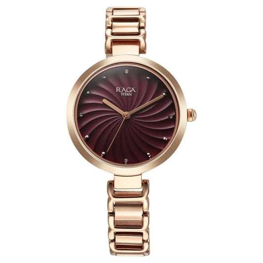 Titan Raga Memoirs Quartz Analog Burgundy Dial With Rose Gold Color Metal Strap Watch For Women 2752wm01