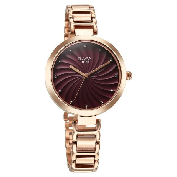 Titan Raga Memoirs Quartz Analog Burgundy Dial With Rose Gold Color Metal Strap Watch For Women 2752wm01