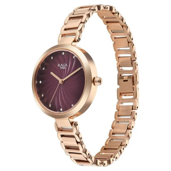 Titan Raga Memoirs Quartz Analog Burgundy Dial With Rose Gold Color Metal Strap Watch For Women 2752wm01