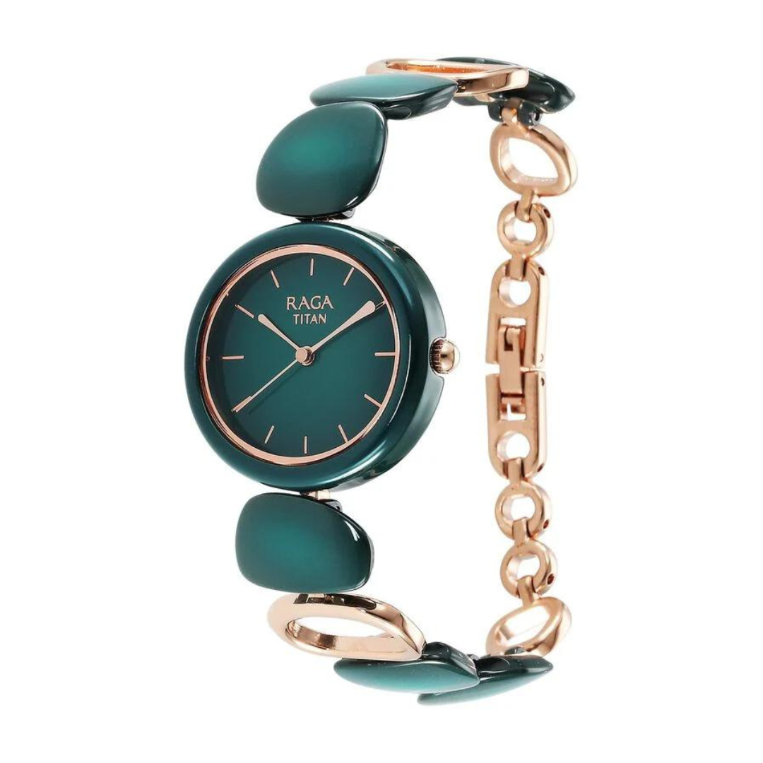 Titan Raga Ceramics Green Dial Analog Metal Strap Watch for Women 95146KD02