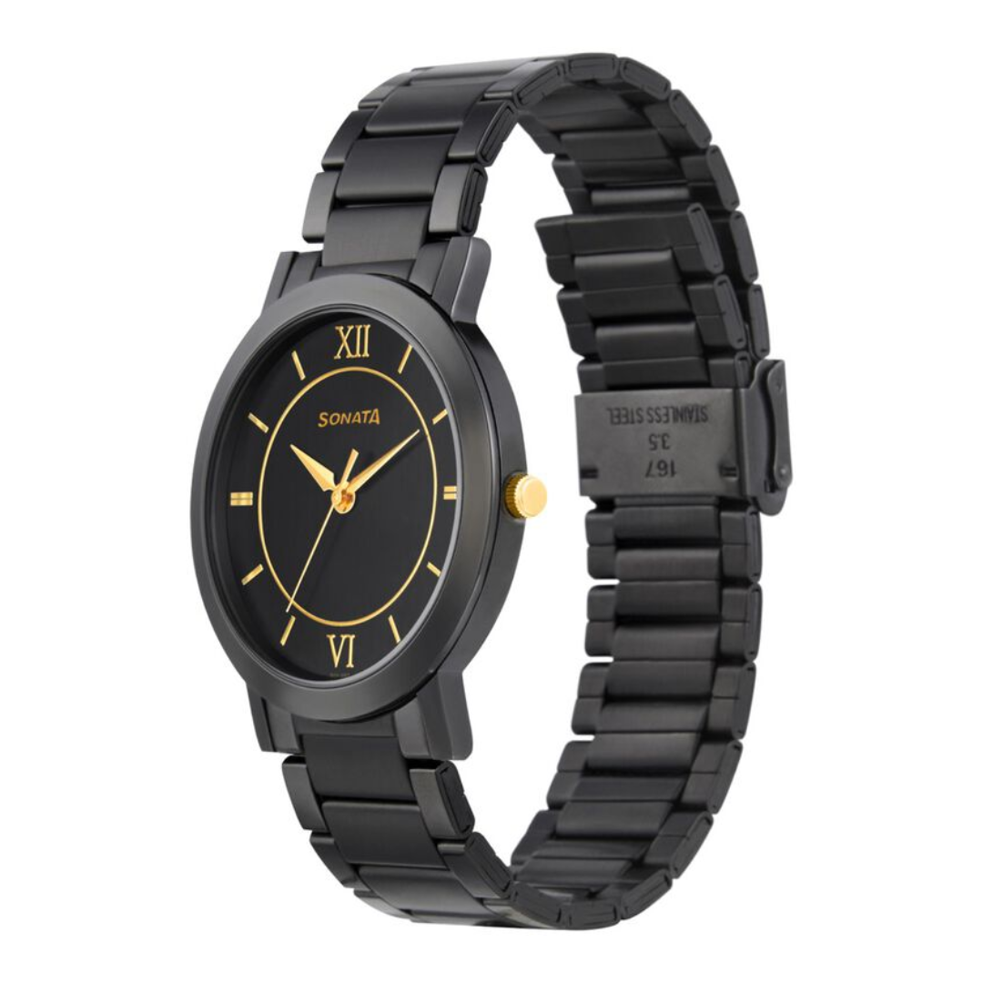 Beyond Gold Black Dial Metal Strap Watch NR77108KM01W