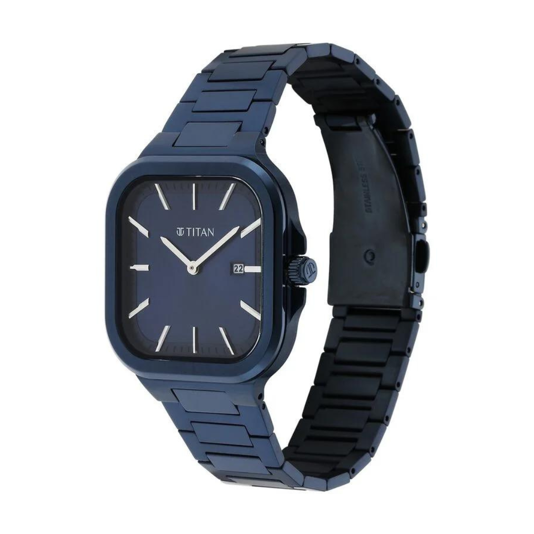 Titan Classique Slim Square Quartz Analog with Date Blue Dial Stainless Steel Strap Watch for Men 90176QM01